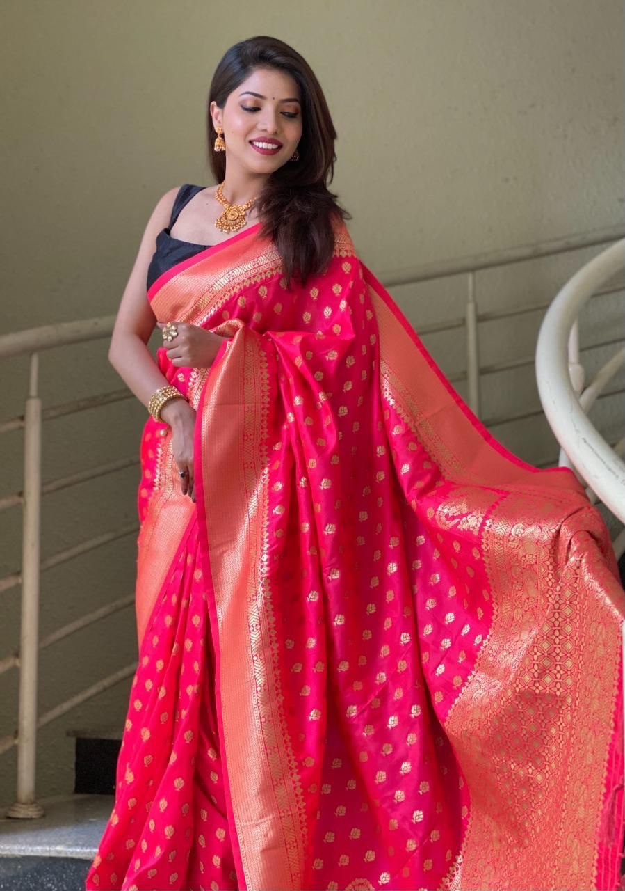 Luxurious Pink Banarasi Silk Saree with Intricate Zari Weaving