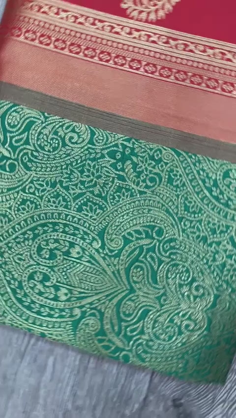Radiant Green & Red Banarasi Soft Silk Saree, a Symbol of Grace and Elegance