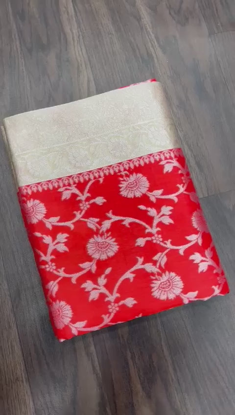 White & Red Banarasi Saree - Timeless Elegance with Jacquard Border