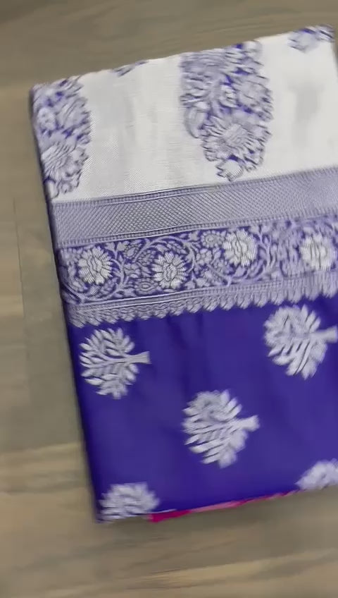 blue & pink banarasi soft silk saree