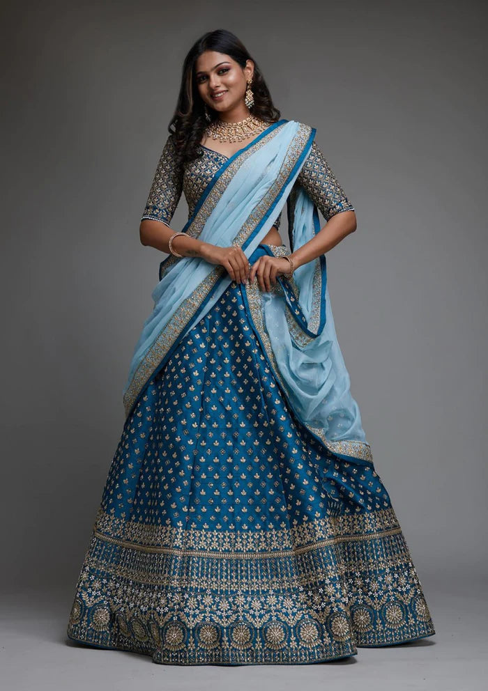 Sky blue  banglory silk embroidery work lehenga choli