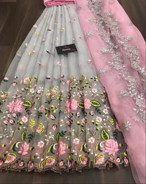 pink heavy net embroidered semi stitched lehenga choli for wedding