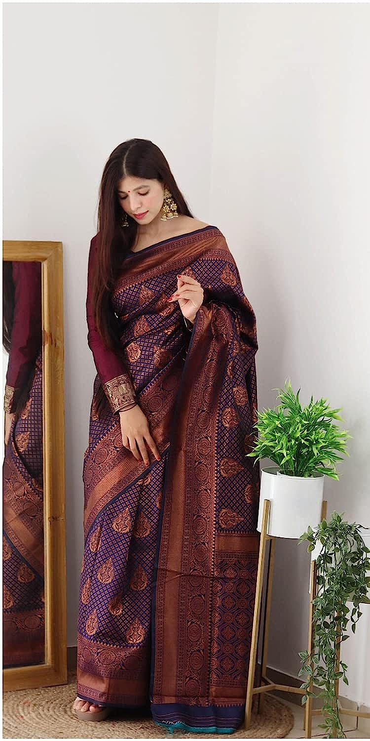 royal blue plain kanchipuram banarasi soft silk saree