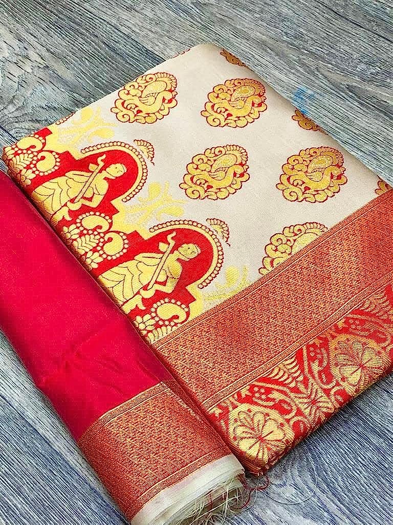 Woven Kanjivaram Jacquard, Art Silk Saree  (White)
