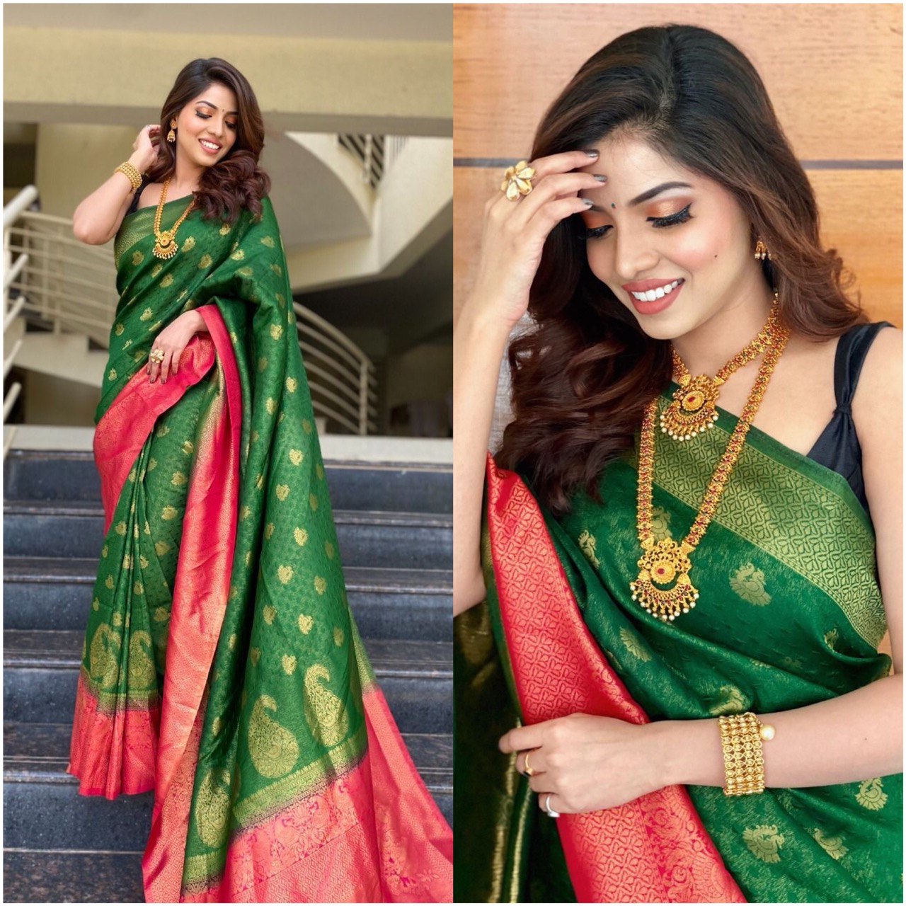 Daily Wear Self Design Pure Jacquard Silk Saree in Green by Vootbuy