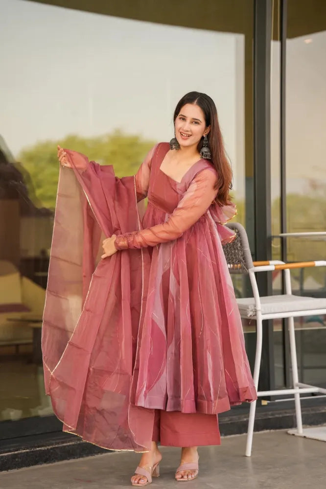 Salmon Organza Suit Set With Dupatta