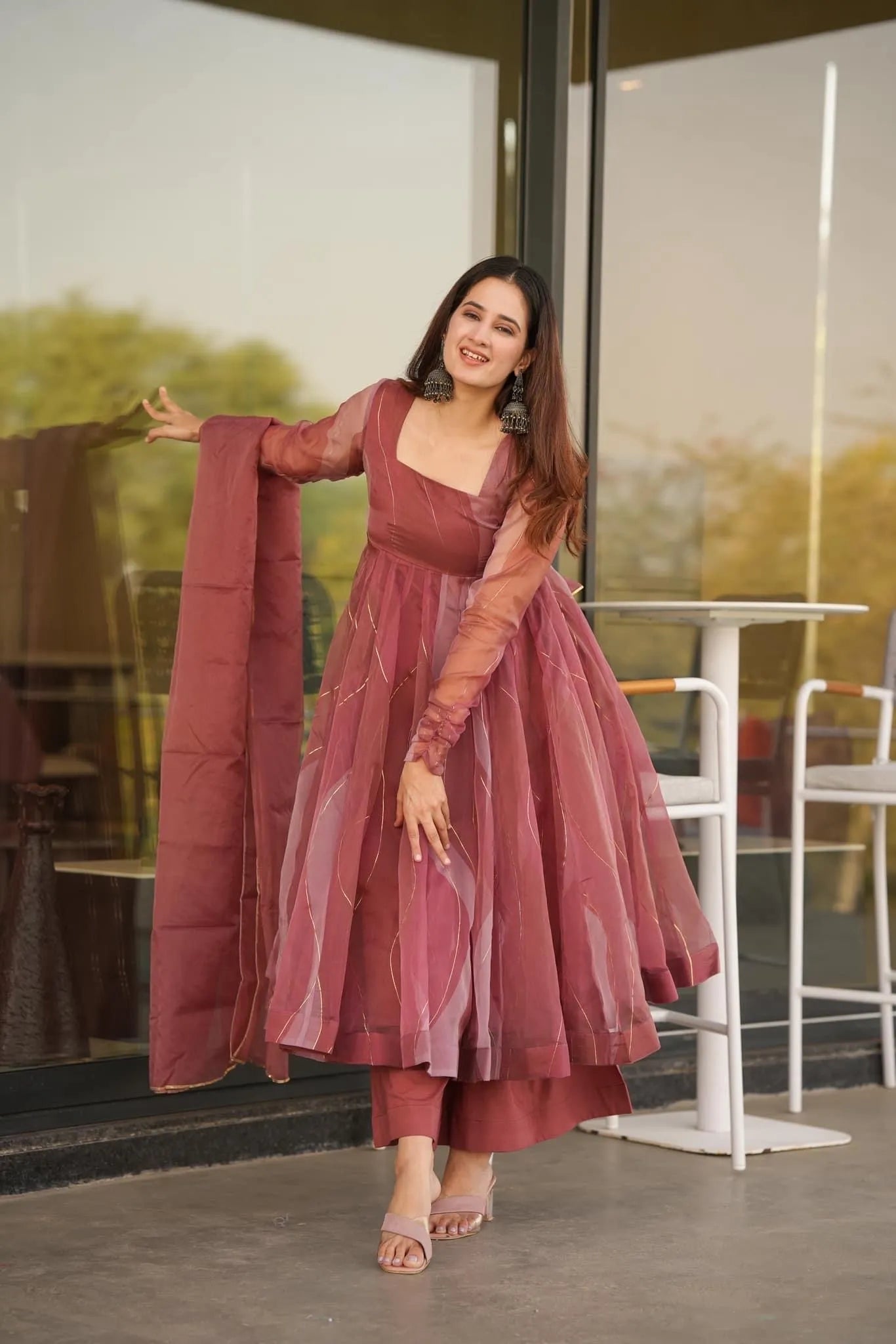 Salmon Organza Suit Set With Dupatta