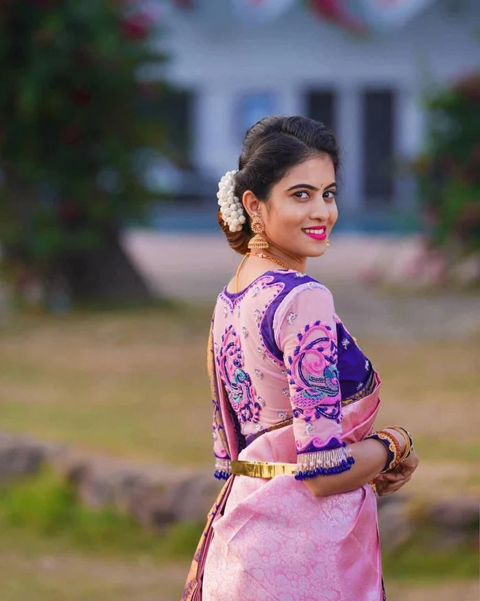 pink soft lichi silk saree with jacquard work