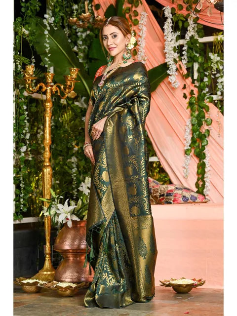 Dark Green Woven Design Soft Silk Banarasi Saree by Vootbuy