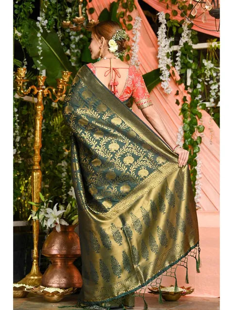 Sophisticated Dark Green Woven Design Soft Silk Banarasi Saree, Enhancing Your Grace