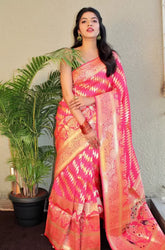 red self design banarasi jacquard saree with blouse
