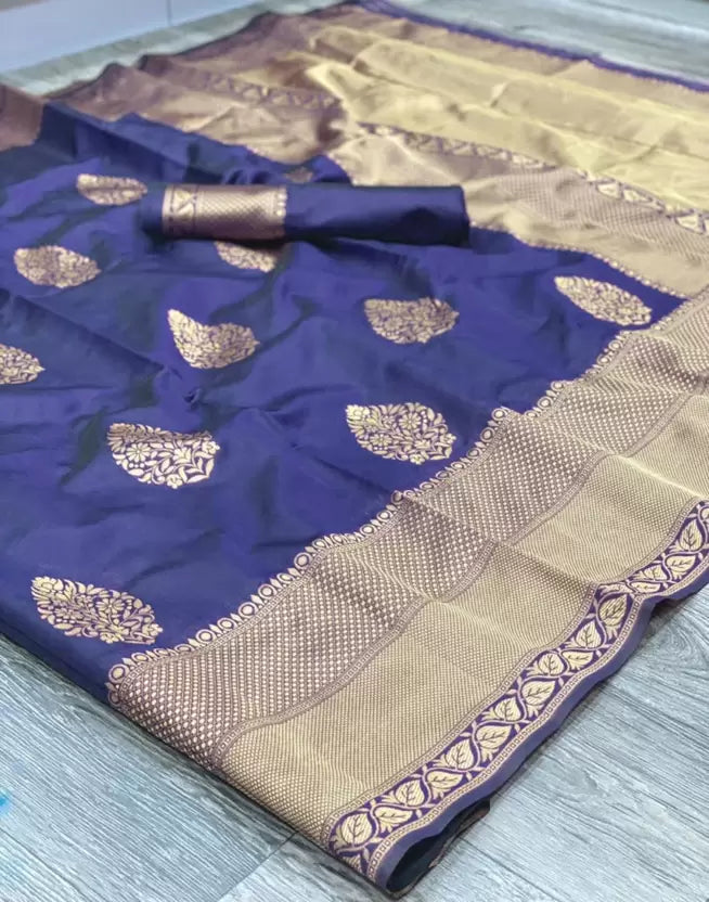 Captivating Dark Blue Zari Weaving Banarasi Silk Saree, Making a Statement of Style