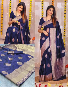 Dark Blue Zari Weaving Pure Banarasi Jacquard Silk Saree by Vootbuy