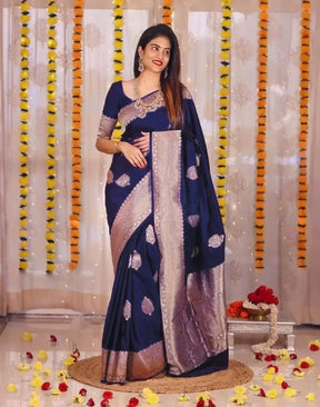 Dark Blue Zari Weaving Pure Banarasi Jacquard Silk Saree by Vootbuy