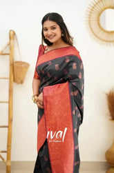 Black & Red Zari Weaving Banarasi Soft Silk Blend Saree - Vootbuy