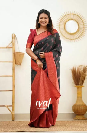 Black & Red Zari Weaving Banarasi Soft Silk Blend Saree - Vootbuy