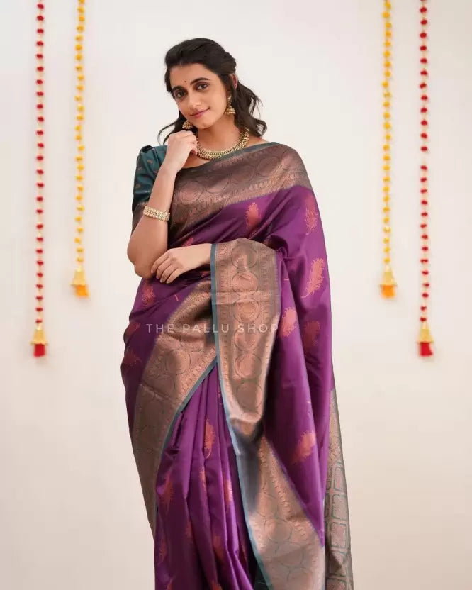 Purple Color Zari Woven Soft Lichi Silk Saree with Unstitched Blouse