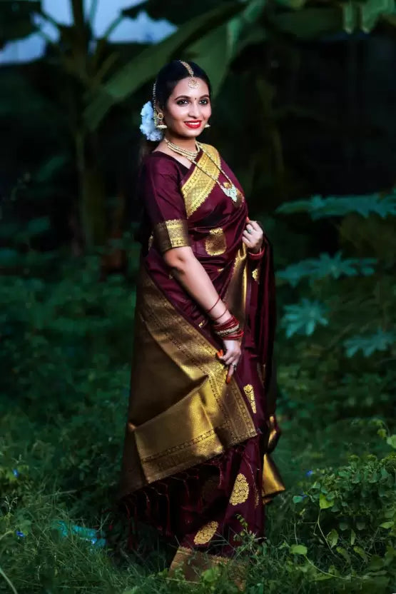 Effortless Style: Maroon Soft Silk Banarasi Cotton Saree, Ideal for Casual Gatherings and Comfortable Fashion Statements
