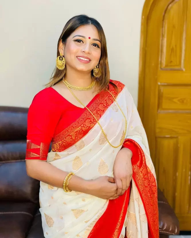 Red & White Zari Woven Dharmavaram Pure Silk Saree for Wedding - Vootbuy