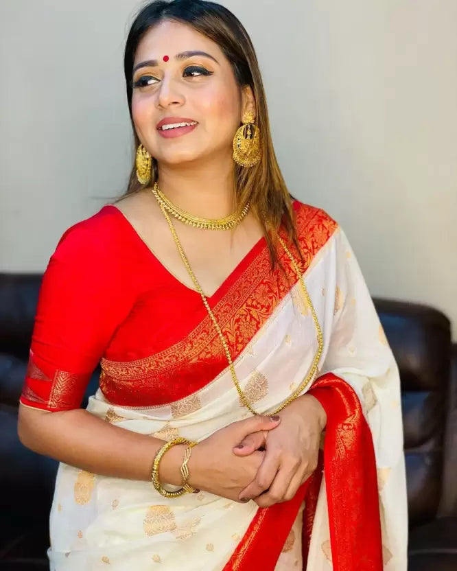 Red & White Zari Woven Dharmavaram Pure Silk Saree for Wedding - Vootbuy