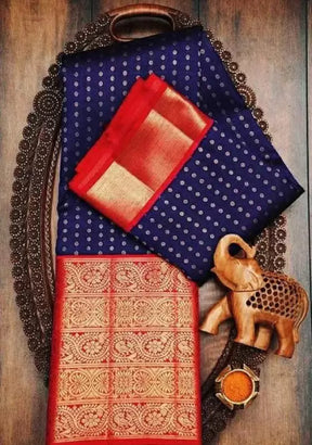 Blue & Red Woven Design Kanjivaram Jacquard Saree by Vootbuy