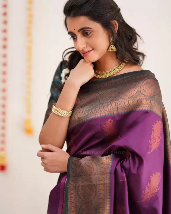 Purple Color Zari Woven Soft Lichi Silk Saree with Unstitched Blouse
