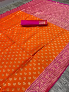 Orange Color Zari Woven Kanjivaram Pure Silk Saree for Casual Wear