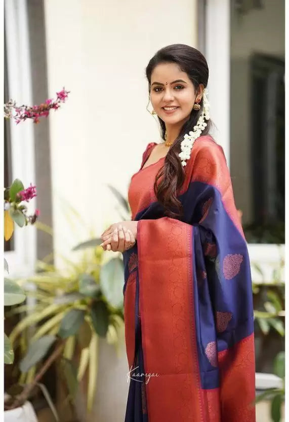 blue and maroon jacquard soft lichi silk kanjivaram saree