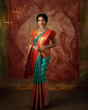 Women's Zari Weaving Soft Lichi Silk Kanjivaram Jacquard Saree - Vootbuy