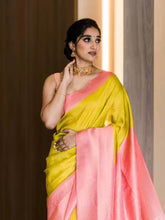 Yellow & Pink Color Woven Banarasi Soft Silk Saree by Vootbuy