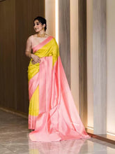 Yellow & Pink Woven Banarasi Soft Silk Saree