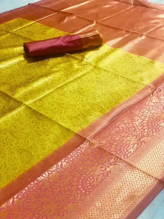 Yellow & Pink Color Woven Banarasi Soft Silk Saree by Vootbuy