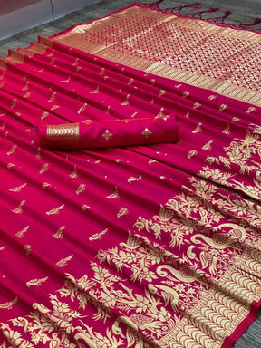 Banarasi Pure Silk Pink Saree with Golden Zari Woven Design | Vootbuy