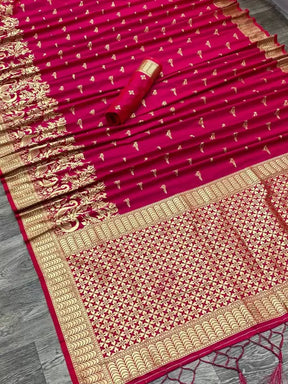 Banarasi Pure Silk Pink Saree with Golden Zari Woven Design | Vootbuy