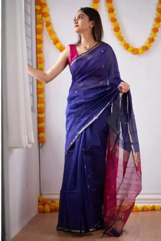 blue linen maheshwari cotton zari woven saree