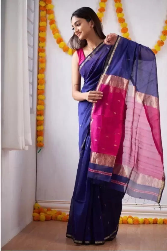 Women's Zari Weaving Soft Linen Slab Attractive Cotton Saree by Vootbuy