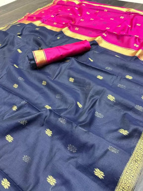 Women's Zari Weaving Soft Linen Slab Attractive Cotton Saree by Vootbuy