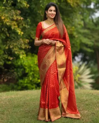 Red Color Zari work Banarasi Cotton Blend Jacquard Saree | Vootbuy
