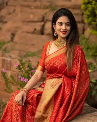 Vibrant Scarlet Red Zari Woven Banarasi Cotton Blend Saree
