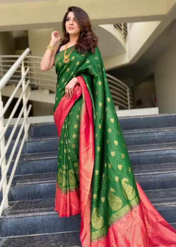 green pure jacquard silk saree for wedding