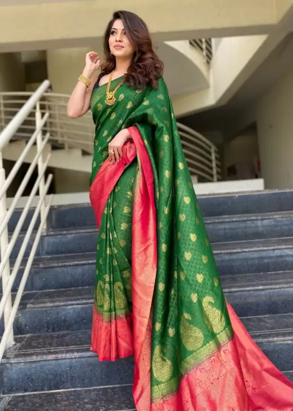 Daily Wear Self Design Pure Jacquard Silk Saree in Green by Vootbuy