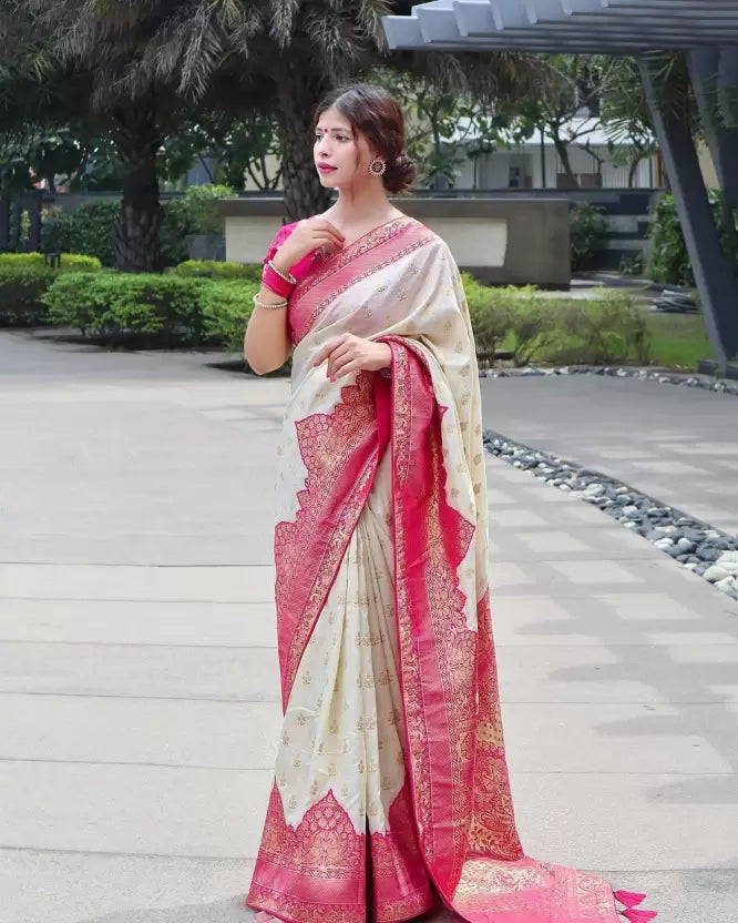 pink pure jacquard silk saree with attractive tassels