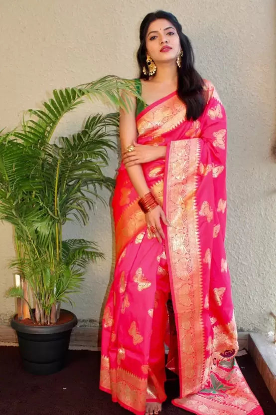 Women's Heavy Zari Weaving Pure Banarasi Silk Saree in Pink by Vootbuy