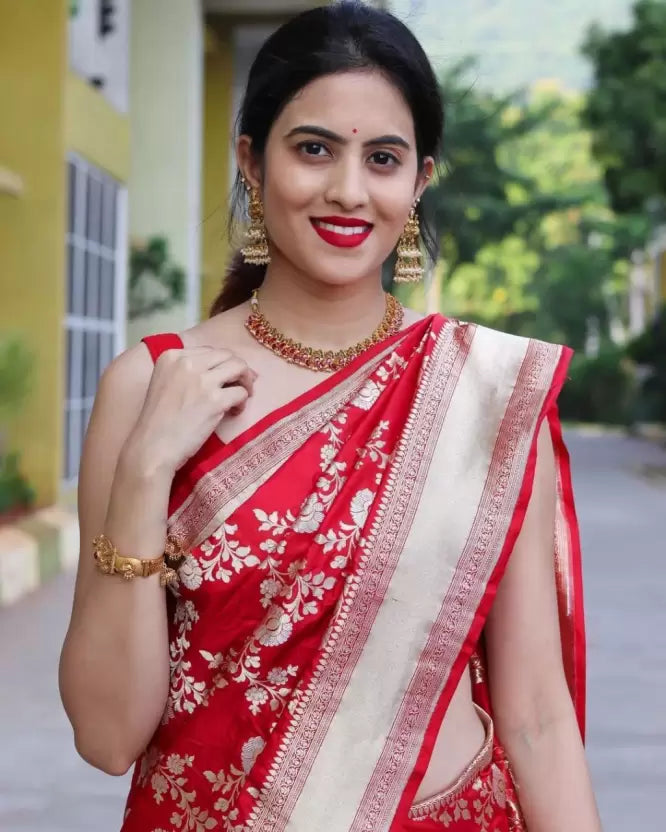 red zari woven soft silk saree