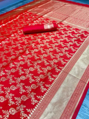Red Heavy Zari Woven Banarasi Soft Silk Jacquard Saree by Vootbuy