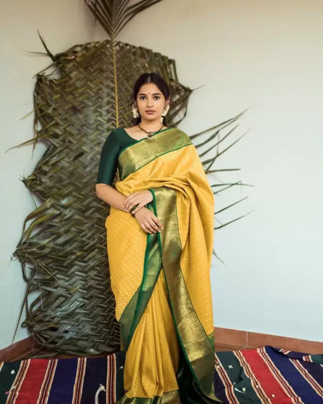 yellow zari woven kanjivaram jacquard silk saree