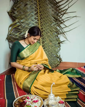 yellow jacquard puja saree for women