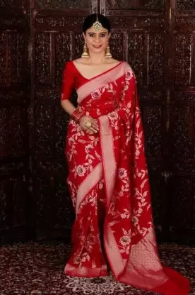 Zari Woven Kanjivaram Red Soft Silk Saree With Blouse Piece - Vootbuy