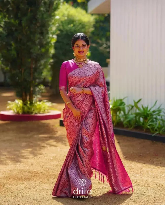 Pink Color Zari Woven Kanjivaram Pure Soft Silk Saree for Traditional Wear