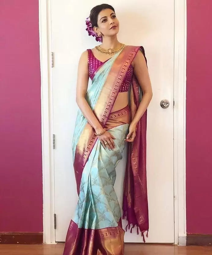 Golden Mustard Majesty: A Banarasi Silk Blend Saree with Intricate Zari Weaving, Radiating Opulence and Charm
